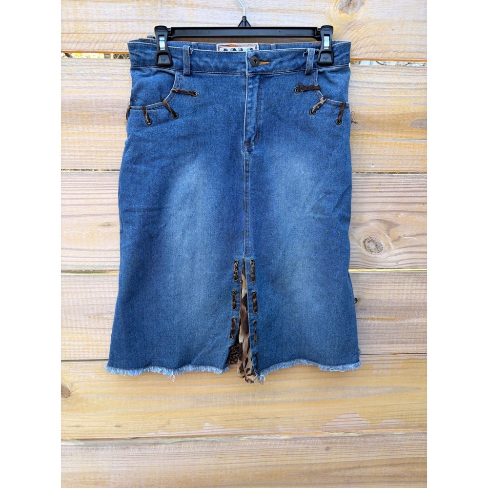 Solo cheetah Blue Denim Midi Skirt Leopard Lace  Front Slit Frayed Hem Size 11